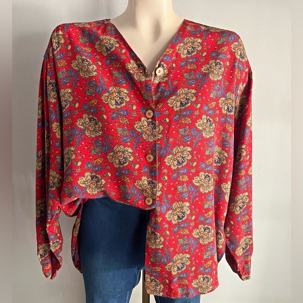 Vintage Lizsport Red Paisley Floral Rayon Blouse 90s Boho Button Top